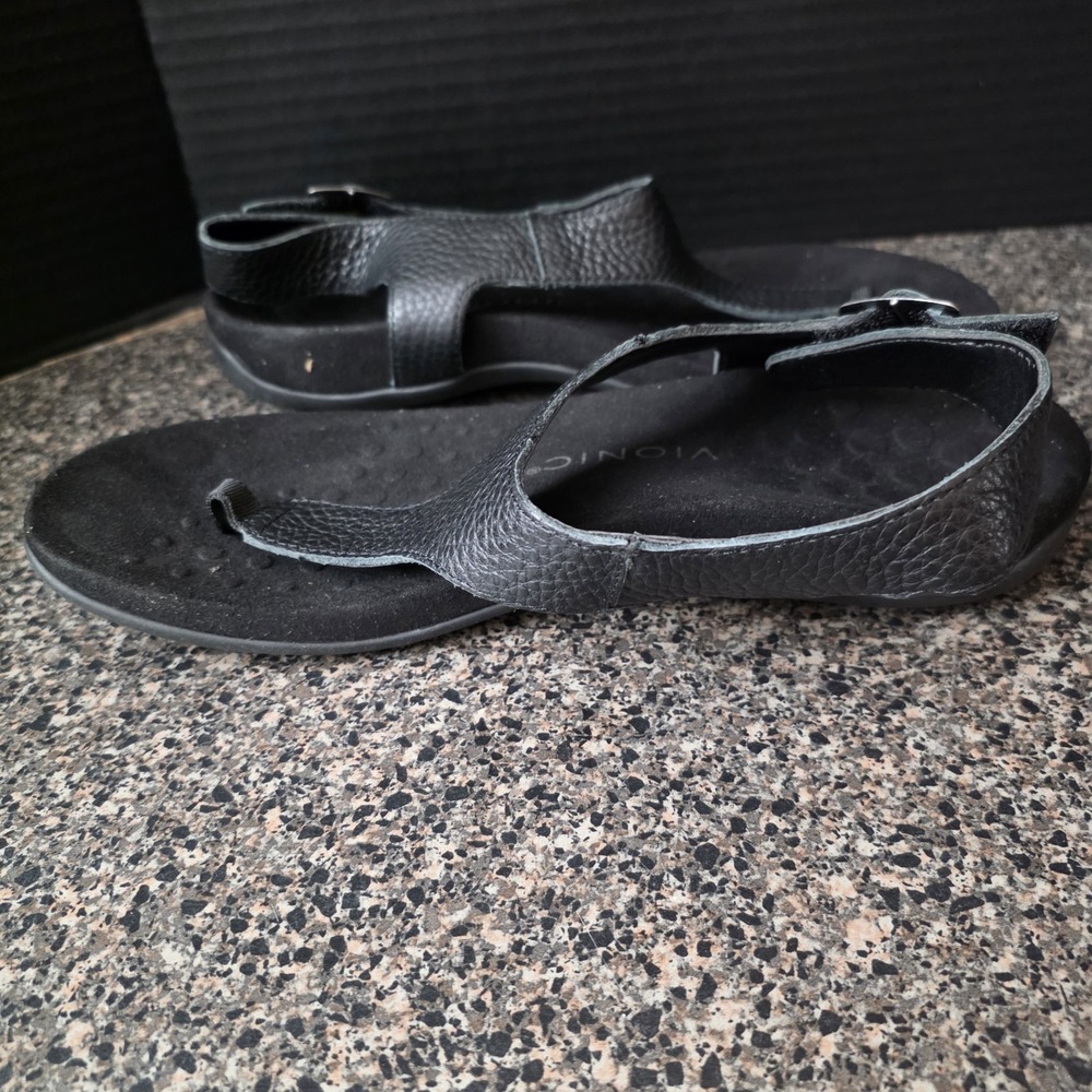 Vionic Terra Sandals Women Size 9 Black Leather Toe Post Orthotic Comfort - Picture 7 of 10